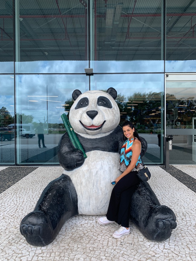 entrada do Panda Freeshop, com a escultura de um panda